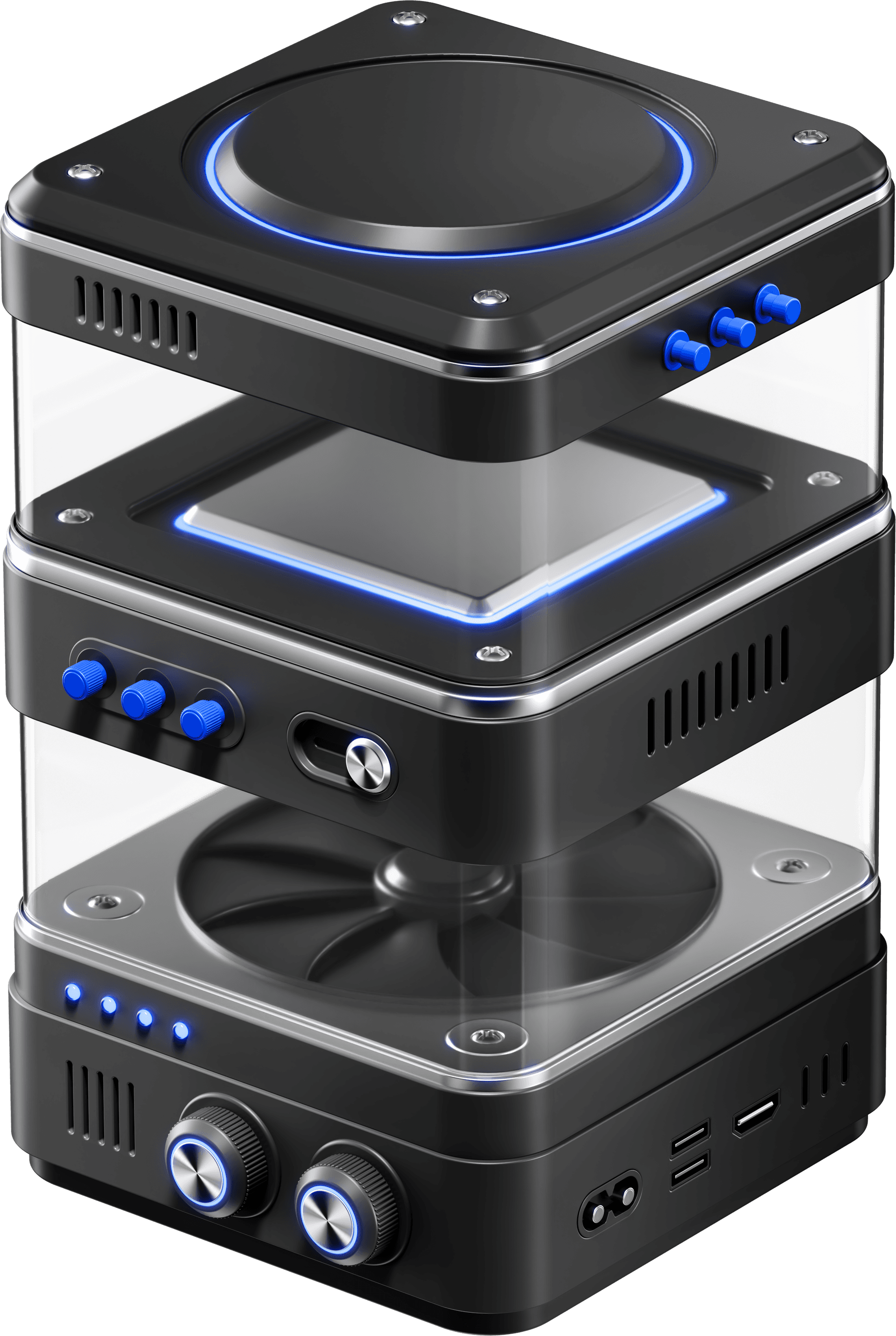 3D metallic electronics cooling tower showing transparent case and internal hardware fan representing secure server deployment